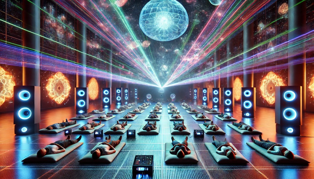 Immersive vibroacoustic soundbath event with participants lying on mats, surrounded by glowing speakers, colorful laser beams, and cosmic visuals.